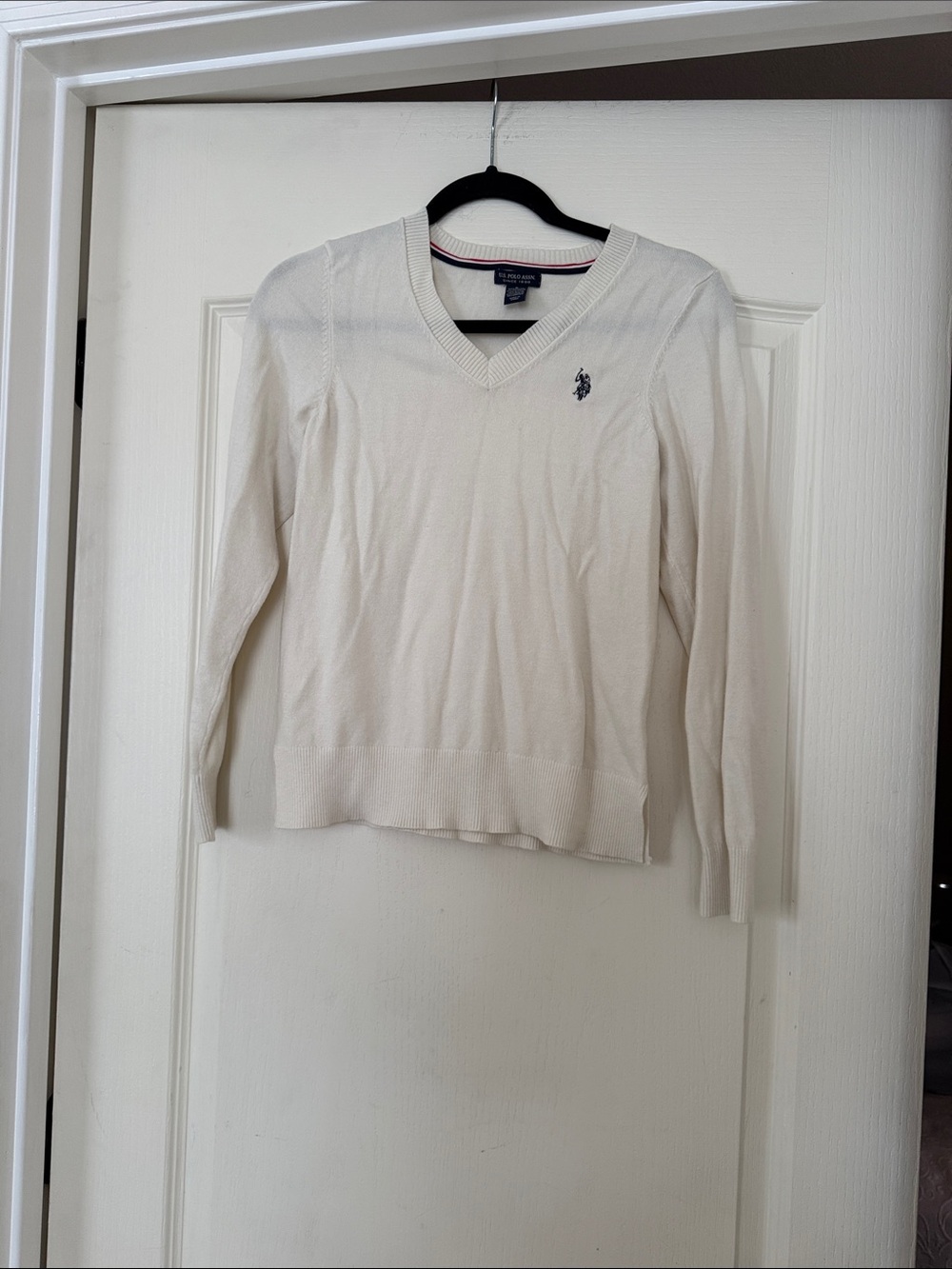 U.S. Polo Assn. Cream V-Neck Sweater with Navy Pony Embroidery